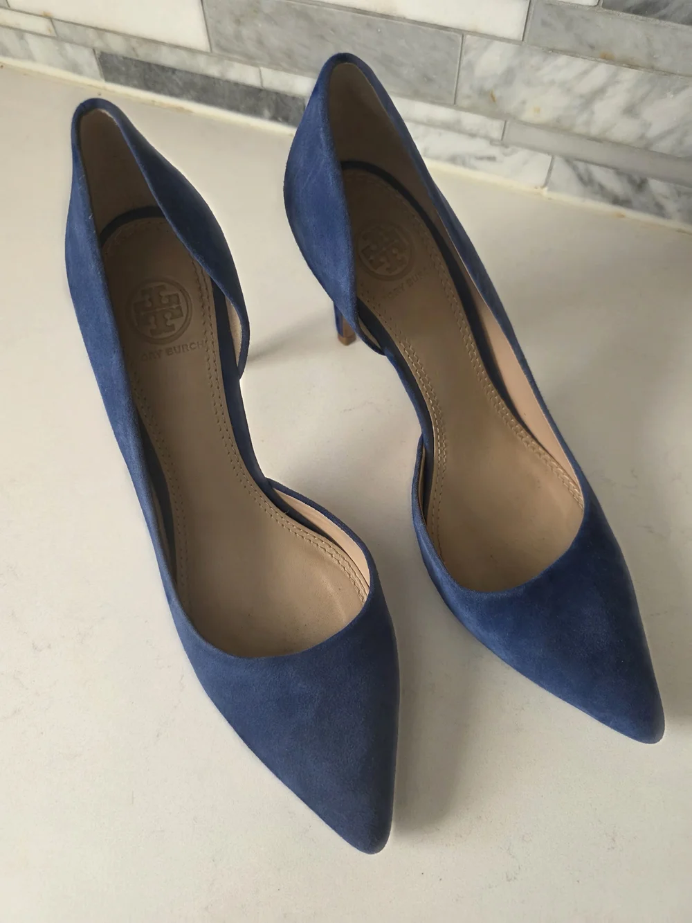 Tory Burch Navy Blue Suede Pointed-Toe D'Orsay Pumps